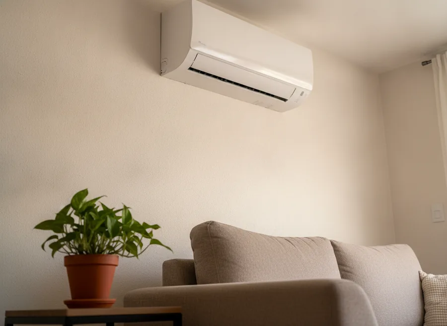 Split mural de climatisation réversible posé dans un séjour à Villeneuve-d'Ascq