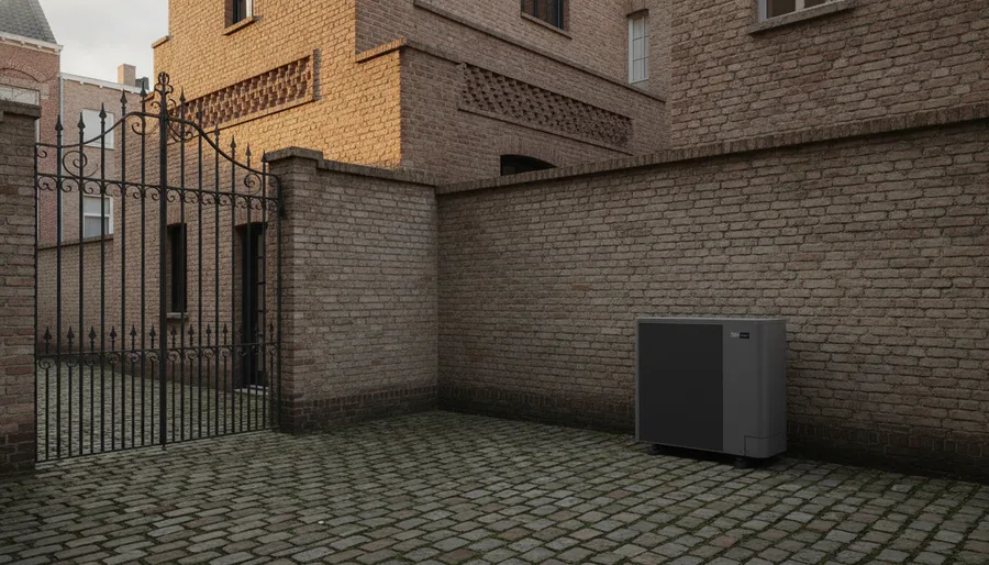 Pompe à chaleur installée dans la cour arrière d'une maison du centre reconstruit de Béthune