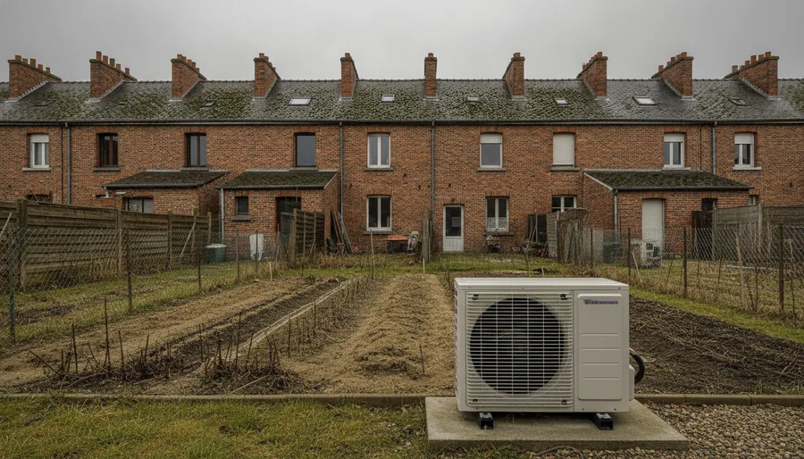 Pompe à chaleur air/eau posée derrière une maison de coron à Lens