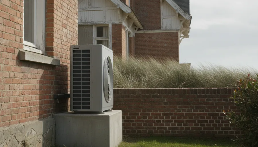 Pompe à chaleur traitée bord de mer installée à l'abri du vent derrière une villa balnéaire à Dunkerque