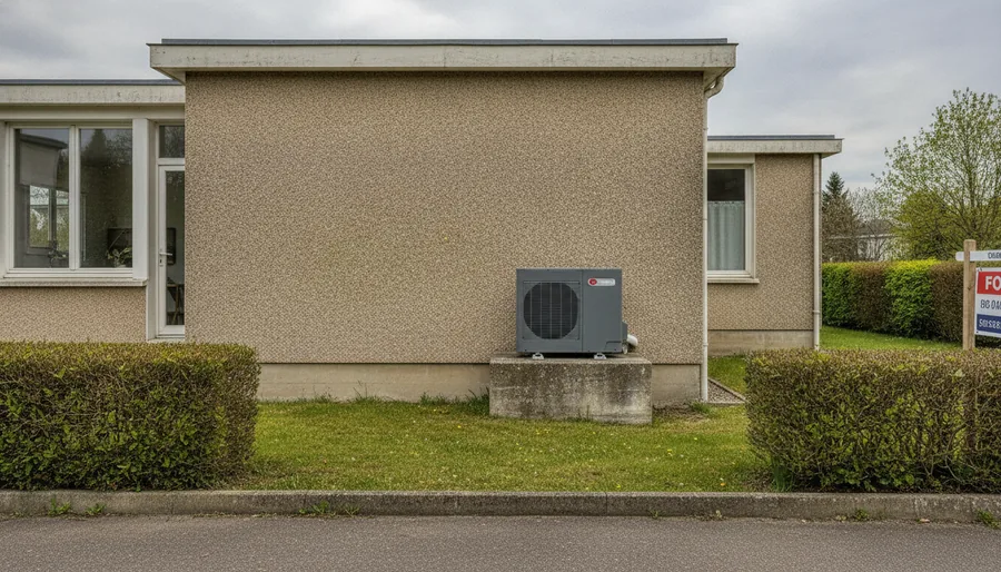 Pompe à chaleur air/eau posée sur dalle surélevée devant un pavillon de Hem