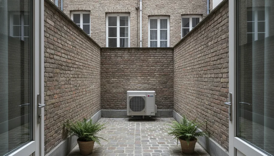 Unité extérieure de pompe à chaleur installée dans une cour étroite d'une maison lilloise