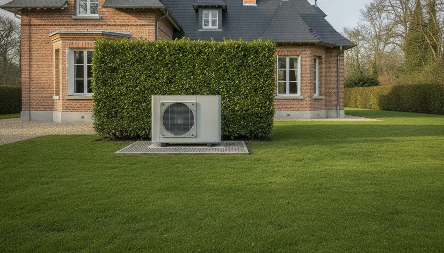 Pompe à chaleur haute température installée dans le jardin d'une villa de brique à Marcq-en-Barœul