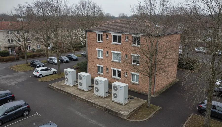 Quatre unités extérieures de pompe à chaleur alignées derrière une copropriété de Mons-en-Barœul