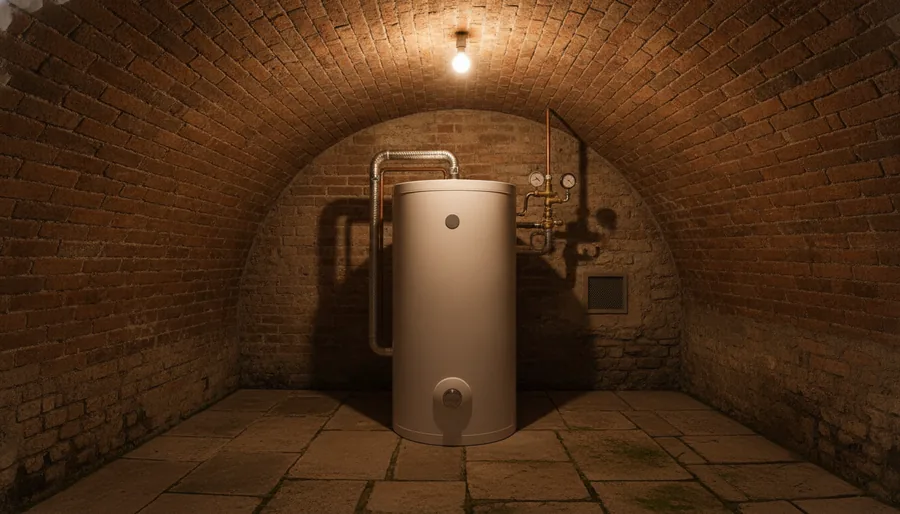 Chauffe-eau thermodynamique installé dans une cave voûtée d'une maison béthunoise