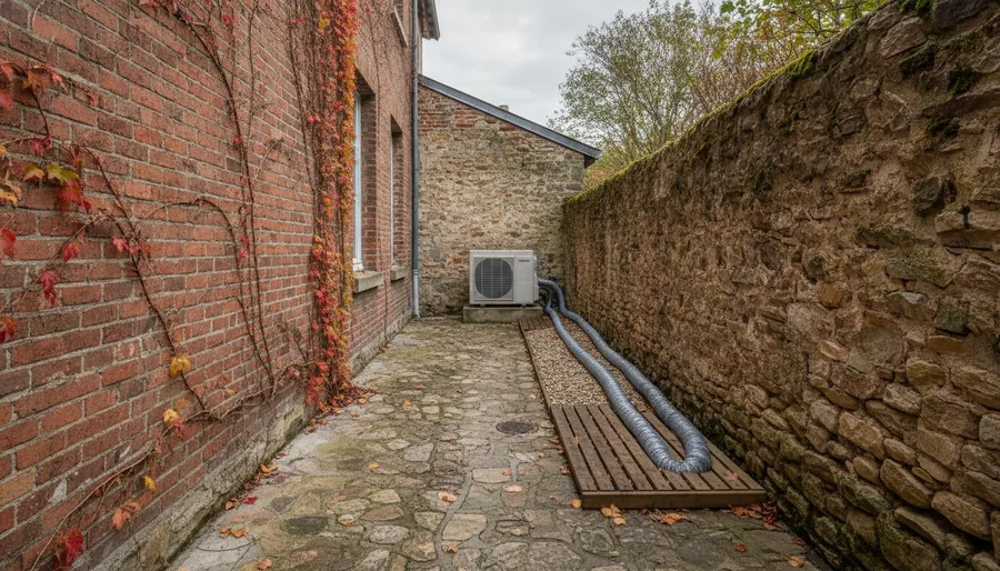 Pompe à chaleur air/eau installée en fond de cour d'une maison de ville en brique à Tourcoing