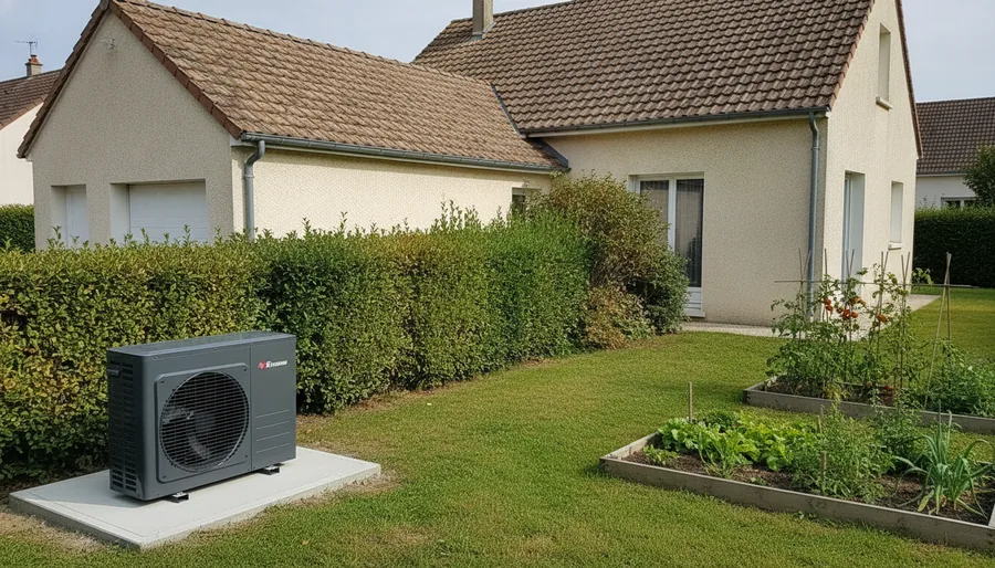 Pompe à chaleur air/eau posée sur dalle dans le jardin d'un pavillon des années 70 à Wattrelos